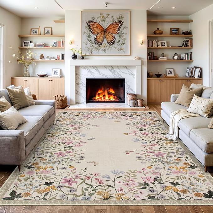 Wonnitar Washable 6x9 Area Rugs, Large Living Room Rug, Non-Slip Soft Floral Rugs for Bedroom, Botanical Area Rug Carpet for Dining Room Guest Room (Beige,6'x9')