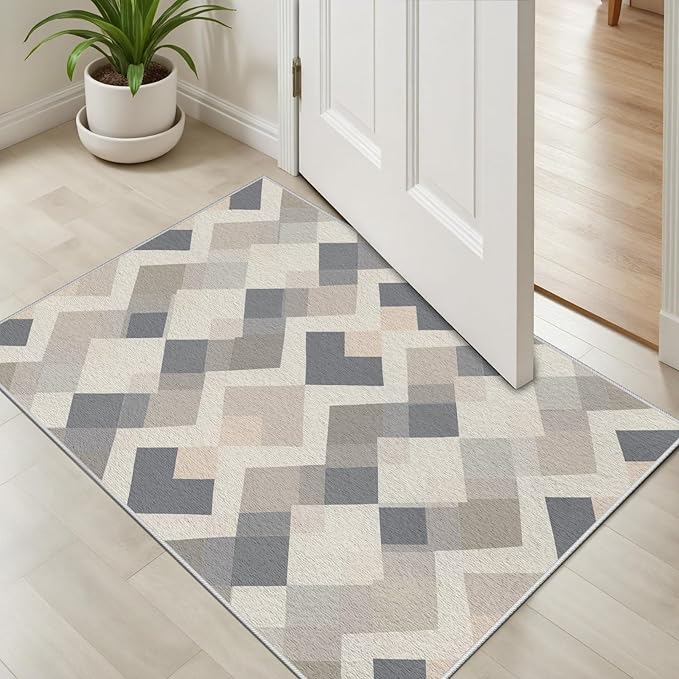 Modern Area Rug Living Room Rugs 7x10, Minimalist Soft Boho Geometric Rug, Non-Slip Washable Low Pile Non Shedding Carpet for Bedroom Office Dining Room Kitchen Nursery, Gray Beige White