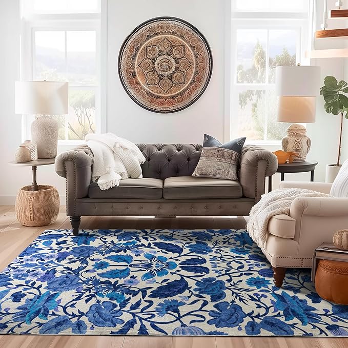 EVERGRACE Area Rugs for Living Room 8x10, Boho Floral Faux Wool Indoor Outdoor Rugs, Washable Rugs for Bedroom Dining Room Entryway Kitchen, Low Pile Floor Mat Carpet for Home Decor, Celtic Blue