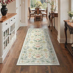 Bavni 2'6''x6 Runner Rug,Microfiber Washable Non-Slip Vintage Floral Rugs,Low Pile Lightweight Carpet for Bedroom,Hallway,Entryway,Kitchen,Bathroom, Beige&Green