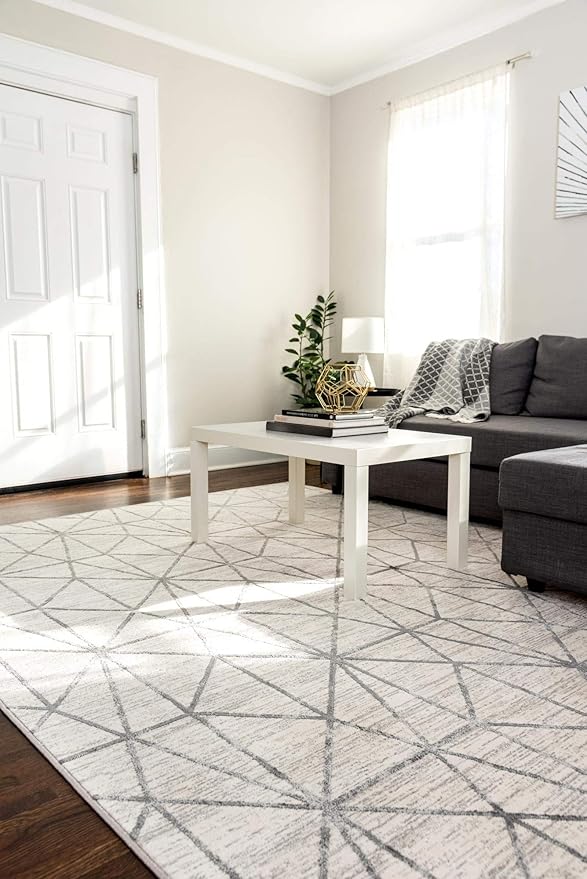 Rugs.com Lattice Trellis Collection Rug – 10' x 14' White Low-Pile Rug Perfect for Living Rooms, Large Dining Rooms, Open Floorplans