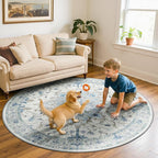 Area Rugs 7ft Washable Non-Slip, Floral Vintage Distress Print Pattern Medallion Carpet for Living Room Bedroom Dining Room, Light Blue Navy Beige Gray White