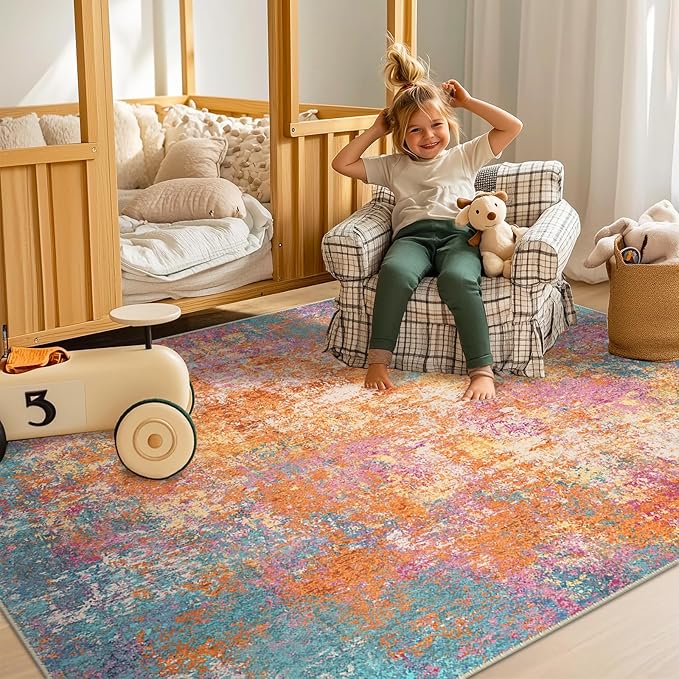 Washable Area Rugs 9'x12' Non-Slip Modern Abstract Soft for Living Room Entryway Bedroom Nursery, Print Pattern, Orange Blue Pink Yellow Colorful