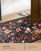 Boho Floral Entryway Rug 2x3, Washable Small Mat for Bathroom and Kitchen, Non Slip Front Door Mat Indoor Entrance, Vintage Style Flower Mat with Rubber Backing, Soft Area Rug for Entry Way (Black)