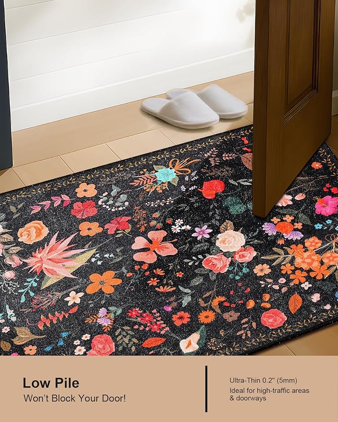 Boho Floral Entryway Rug 2x3, Washable Small Mat for Bathroom and Kitchen, Non Slip Front Door Mat Indoor Entrance, Vintage Style Flower Mat with Rubber Backing, Soft Area Rug for Entry Way (Black)