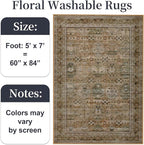 5x7 Washable Area Rug for Living Room Dining Room, Distressed Non Slip Vintage Floral Rugs for Bedroom, Traditional Indoor Floor Carpet for Dining Kitchen Farmhouse Brown with Green