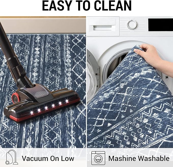 KUTA Boho Runners for Hallways 2x8 Navy Blue Moroccan Washable Runner Rug Non-Slip Vintage Kitchen Rugs Ultra Soft Distressed Geometric Floor Carpet for Bedroom Laundry Living Room