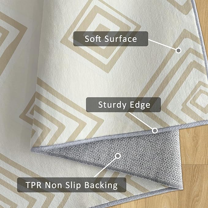 Washable 4x6 Modern Geometric Rug Living Room, Beige Abstract Diamond Design Area Rugs for Bedroom, Modern Geometric Home Decor Carpet, Low Pile, Non Slip, Kids & Pet Friendly (N4178)