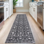 Hallway Runner Rug, Black and White Washable Runner Rug 2x8 Vintage Floral Kitchen Rug Runner Non Slip Boho Thin Printed Faux Wool Super Soft Carpet for Entryway Bedroom Laundry Room Indoor