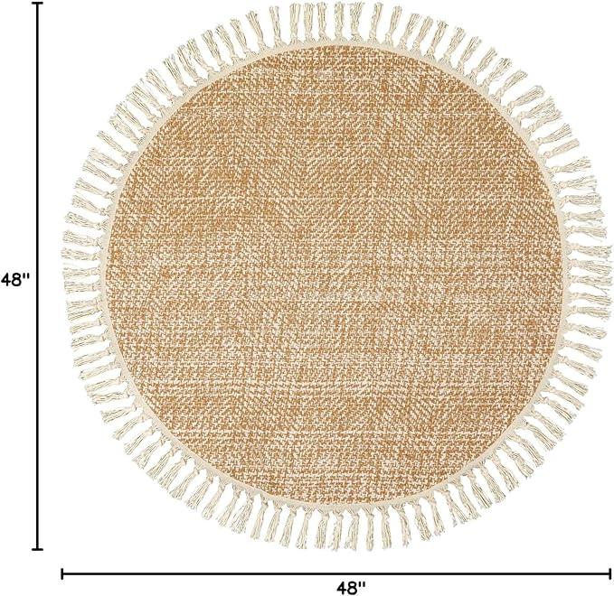 Collive Hand Woven Round Area Rug Soft Cotton Machine Washable Carpet 4ft Farmhouse Rugs with Tassels, Tan/Cream Circle Rugs for Bedroom Living Room Dining Room Table Office