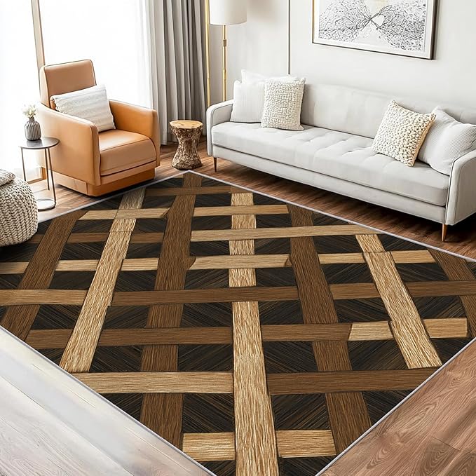 Checkered Rug, Washable 5x8 Rug for Living Room, Wood Grain Patterned Indoor Carpet, Checkered Geometric Decor for Home, Bedroom, Soft Non Slip Thin Design FER29