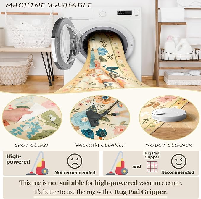 Floral 4x6 Area Rug Machine Washable Soft Print Boho Carpet Non Slip Doormat Low Pile Flower Area Rugs for Living Room Bedroom Nursery Kitchen Dining Room Indoor-Ivory/Yellow