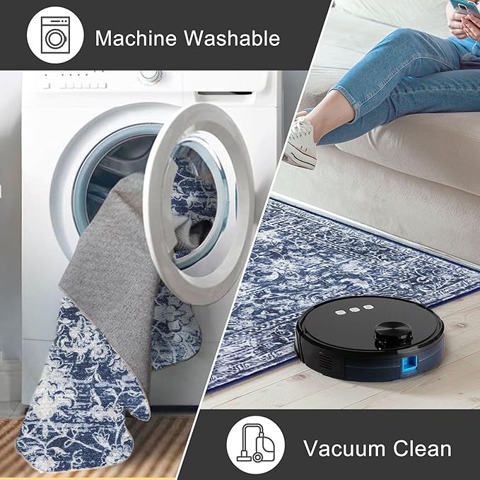 KILOCOCO Hallway Runner 2.6x18 Rug Runner Printed Vintage Floral Washable Kitchen Runners Non-Slip Rubber Backed Runners for Hallways Laundry Room Distressed Boho Rugs for Bedroom, Blue