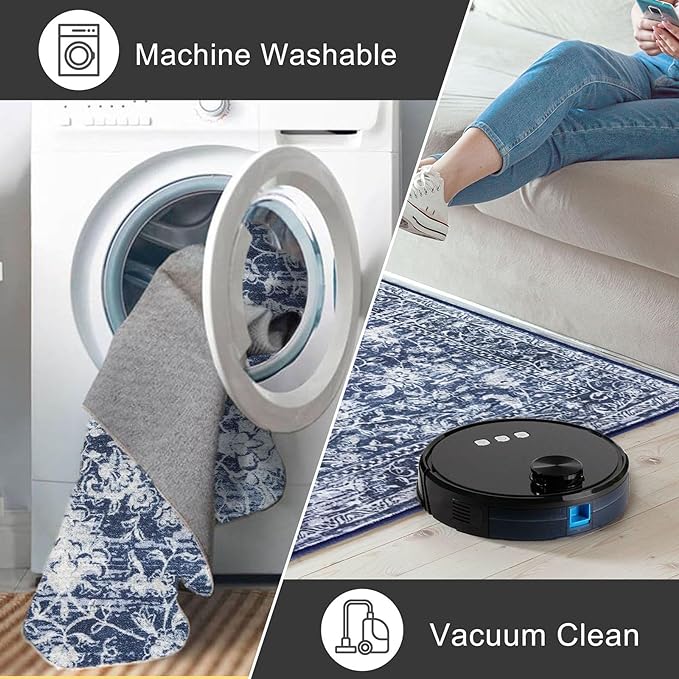 KILOCOCO Area Rug 8x10 Living Room Rug Washable Printed Vintage Floral Non Slip Soft Rubber Backed Indoor Bedroom Rugs for Laundry Room Kitchen Playroom Moroccan Area Rugs, Blue