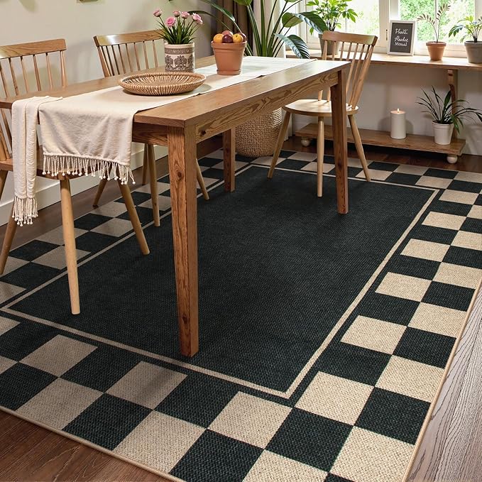 Moynesa Checkered Easy Jute Outdoor Rug 8x10 Area Rugs for Living Room, Black Washable Indoor Outdoor Patio Rug Non Slip, Large Farmhouse Carpet for Bedroom Dining Room Backyard
