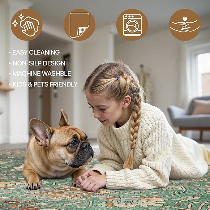 Bavni Washable Rug-6x9 Area Rugs for Bedroom Non-Slip, Ultra Thin Low Pile Living Room Rug, Modern Printed Decorative Rug for Dinning Room Office, Sage/Gold