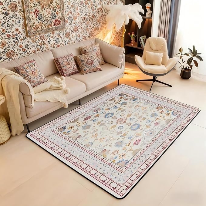 Boho 3x5 Area Rug Vintage Floral Rugs for Living Room | Art Deco Abstract Washable Rug, Retro Tribal Aesthetic Oriental Carpet Indoor Floor Mat