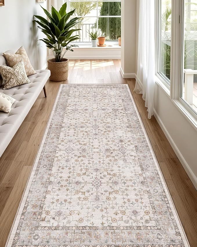 LUMI Runner Rug 3x7, Washable Non-Slip Hallway Throw Rugs, Long Soft Thin Vintage Oriental Kitchen Mats, Low-Pile Indoor Kitchen Entryway Area Rug, Beige