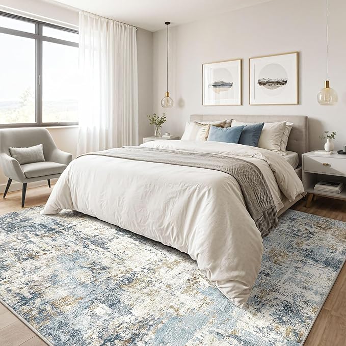6x9 Area Rugs Washable Rug: Large Abstract Modern Soft Stain Resistant Indoor Floor Non Slip Accent Carpet for Living Room Bedroom Nursery Playroom Dining Room Office Dorm Home House- Light Blue