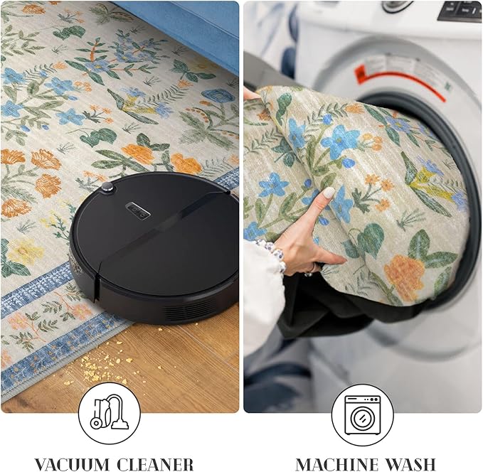 Boho Floral Machine Washable Runner Rug 2x6, Garden Yellow-Green Kitchen Runner Rug Non-Slip, Super Thin Hallway Rug Runner Printed Faux Wool Soft Carpet for Entryway Bedroom Laundry Indoor