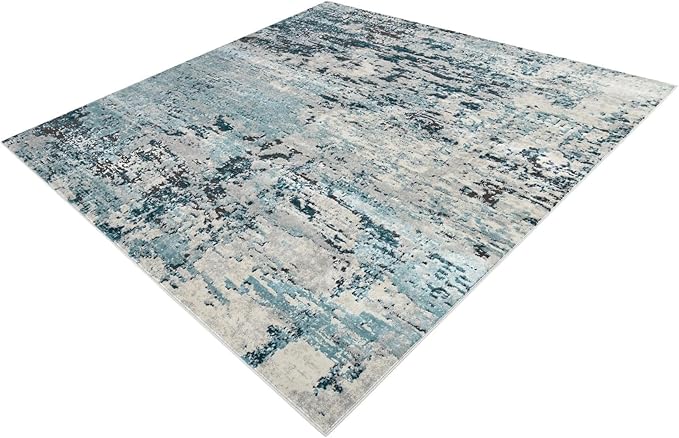 Rugs.com Leipzig Collection Rug – 8 Ft Square Blue Low-Pile Rug Perfect for Living Rooms, Kitchens, Entryways