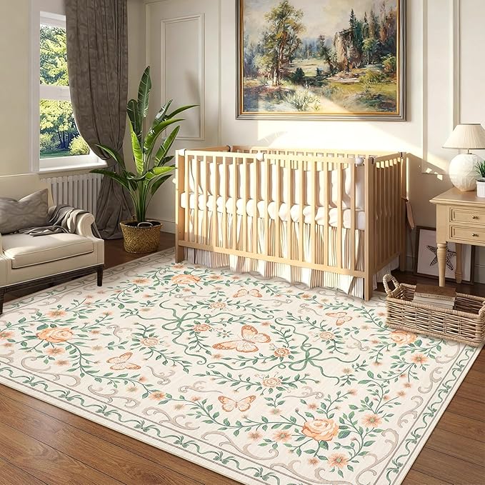 GarveeHome 8x10 Beige Floral Rugs for Living Room Washable Rugs Non Slip Stain Resistant Bedroom Floral Rug Low Pile Soft Dining Room Throw Carpet Beige Bow Large Carpet for Home Office Decor, 8x10