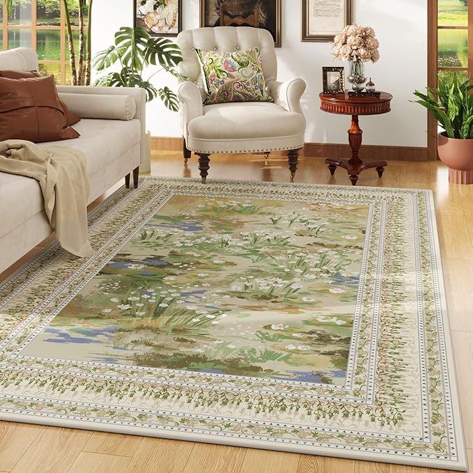 Rugcomf Area Rugs 9x12 Living Room Clearance Impressionist-Style Vintage Washable Rug Non Slip Low Pile Large Rug for Bedroom Farmhouse Dining Room Kids Playroom, Beige