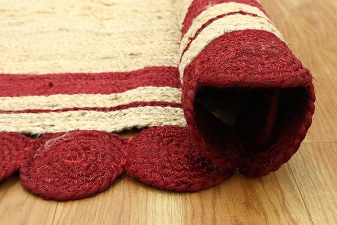 2.6x12 Oval Jute Runner – Handmade Boho Jute Runner, 0.27" Thick Flatweave, Solid Red Beige, Hand Braided Oval Rug for Staircase, Hallway, Entryway, Corridor