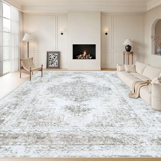 Area Rug 9x12 Living Room Rug, Machine Washable Vintage Distressed Medallion Rug Non-Slip Soft Low Pile Large Indoor Rugs for Bedroom Kitchen Dining Room Office(Taupe,9'x12')