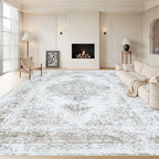 Area Rug 9x12 Living Room Rug, Machine Washable Vintage Distressed Medallion Rug Non-Slip Soft Low Pile Large Indoor Rugs for Bedroom Kitchen Dining Room Office(Taupe,9'x12')