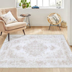 Bedroom Rug 3x5 Vintage Rugs, Machine Washable Small Area Rug Retro Medallion Distressed Rugs Non-Slip Soft Low Pile Throw Rug for Entryway Bedroom Bathroom Hallway Kitchen(Beige,3'x5')