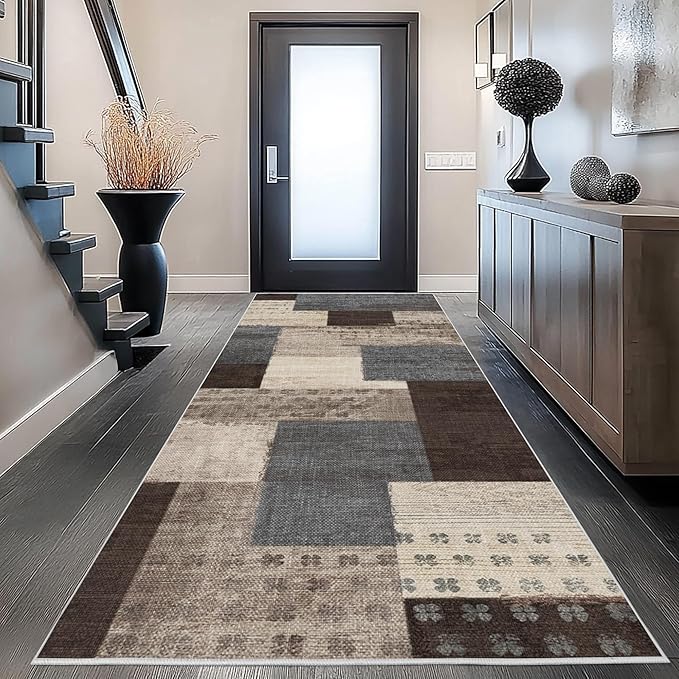 Modern Geometric Patchwork Indoor Runner Rug for Living Room, Blue-Taupe 2.7'x 8' Rug Rockwood Collection Hardwood Floors Decor for Bedroom, Blue Throw Carpet for Office Entryway Dining Room