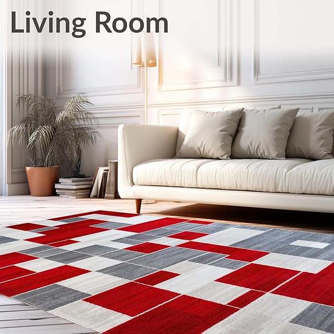 Flatwoven High Traffic Area Rug 4x6, Waterproof Patio with Anthracite Accents, Non Slip, Stain Resistant, Washable Area Rugs for Living Room, Bedroom (Red, 4x6)