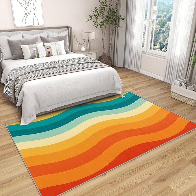 70s Rugs for Bedroom -Retro 70s Rug, 5x6 ft, Vintage Abstract Wave Area Rug, Colorful Groovy Washable Non-Slip Stain Resistant Carpet, Retro Swirl Striped Home Decor & Gifts