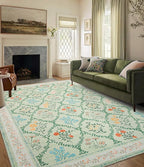 YIHOUSE Green Floral Print Rugs, Moroccan Trellis 10x14 Washable Large Rug, Modern Pastel Non Slip Ultra-Thin Area Rug for Classroom, Nursery Playroom,Dorm,Bedroom,Living Room, Green Multi