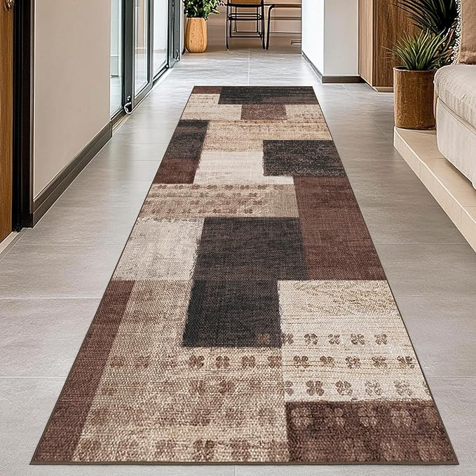 Modern Geometric Patchwork Indoor Runner Rug for Living Room, Chocolate 2.7'x 10' Rug Rockwood Collection Hardwood Floors Decor for Bedroom, Brown Throw Carpet for Office Entryway Dining Room