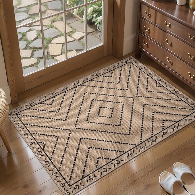 Tangsoo Easy Jute Rug 2x3 Outdoor Rug,Washable Non-Slip Rug for Entryway,Neutral Geometric Ultra Thin Indoor Carpet Farmhouse Throw Mat for Kitchen Bedroom Front Door Entrance