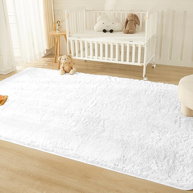Andency 8x10 Area Rugs for Living Room, White Non-Slip Fluffy Soft Large Shag Bedroom Carpet, Big Indoor Thick Nursery Rug for Kids Dorm Home Decor Aesthetic