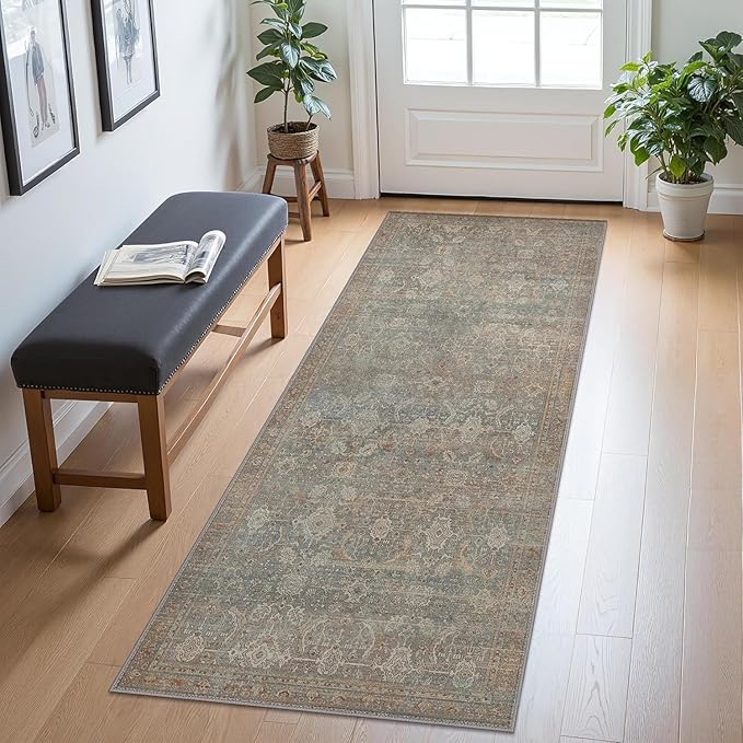 Bavni 2x7 Runner Rug Machine Washable Boho Runners for Hallway,Ultra-Thin Low Pile Rug,Lightweight Indoor Carpet,Non Slip Floral Runners for Enrtyway, Corridor, Home Office, Kitchen,Grayish Blue