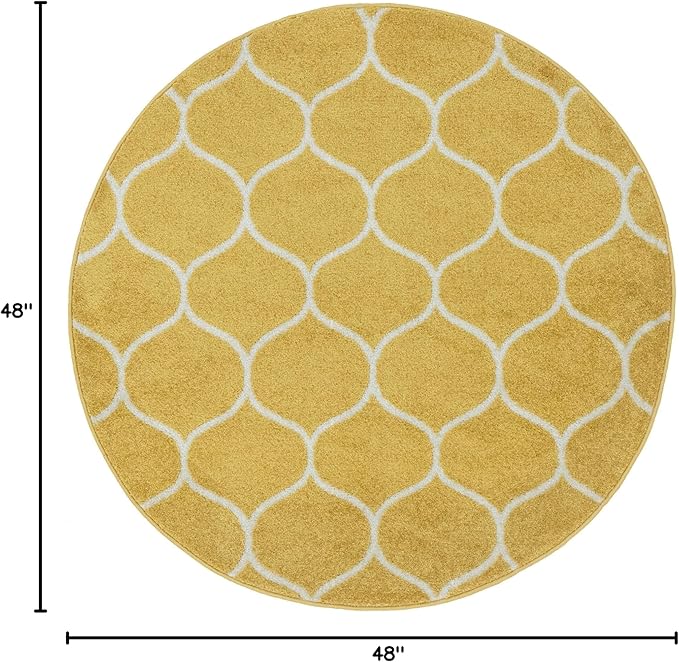 Rugs.com Lattice Frieze Collection Rug – 4' Round Yellow Medium Rug Perfect for Kitchens, Dining Rooms