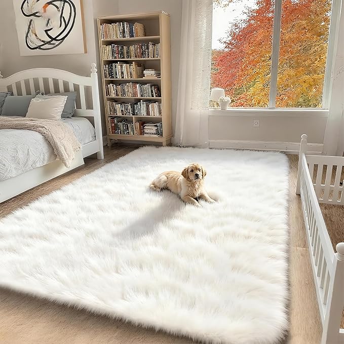 5x7 Solid Fluffy White Area Rug – Washable, Durable,Large Living Room Rug, Non-Slip High Pile Shag Rugs for Bedroom, Bedside, Dorms, Nursery Rooms, Kids Room, Soft Indoor Floor Carpet Decor