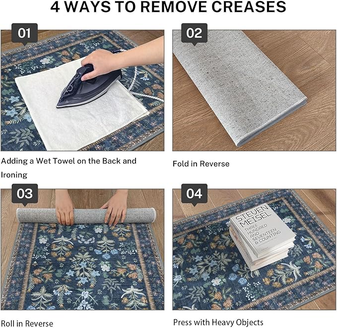 Boho 2x5 Runner, Navy Floral Washable Hallway Runner, Non-Slip Kitchen Runner, Super Thin Printed Faux Wool Soft Carpet for Entryway, Front Door, Backdoor, Bedside