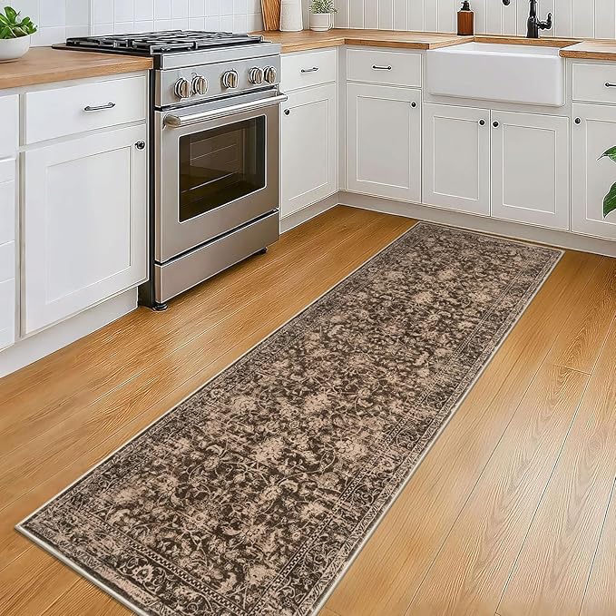 KILOCOCO Hallway Runner 2x6 Rug Runner Printed Floral Washable Kitchen Runners Non-Slip Rubber Backed Runners for Hallways Laundry Room Distressed Boho Rugs for Entryway Bedroom, Rust Brown Red