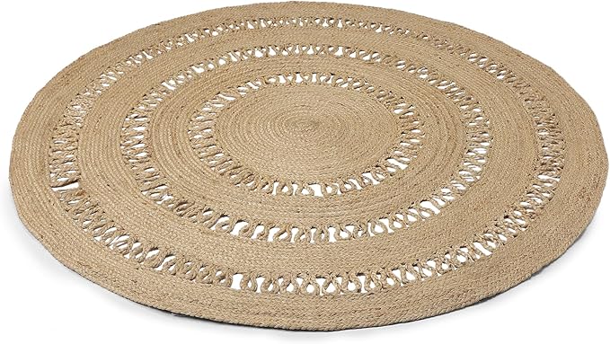 REDEARTH · Round Area Rug - 5 Feet Braided Scalloped Earthy Trails Jute Rug- Artisan Made Boho Jute Patterned Rugs for Bedroom, Kitchen, Living Room, Farmhouse, Aesthetic, Handmade Vintage Décor