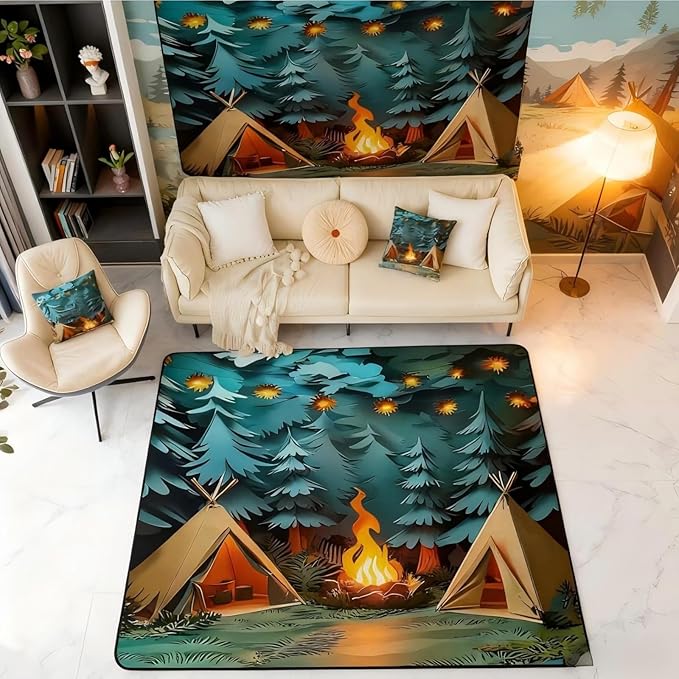 Camping Area Rug 3x5 Woodland Camp Rugs for Living Room | Vintage Camfire Tent Washable Rug, Camper Decor Rustic Carpet Indoor Floor Mat,Farmhouse Decor