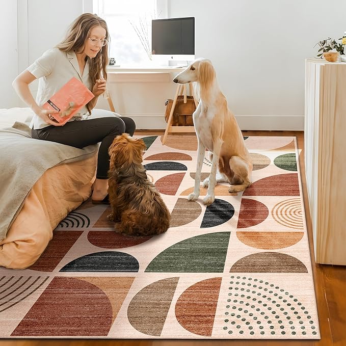 MUJOO 9x12 Area Rugs,Washable Rugs for Living Room Bedroom Dining Room,Large Boho Throw Floor Carpet Non Slip Soft Modern Abstract Bohemian Terracotta