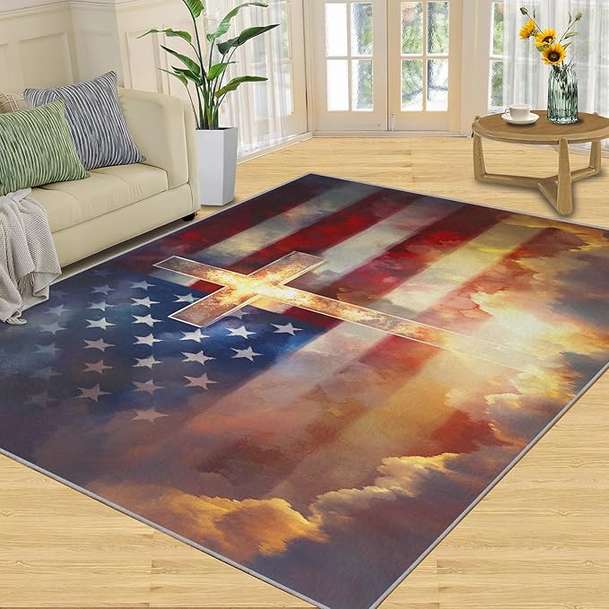 5x6 American Flag Rugs for Office - Stars Stripes Living Room Carpet, Independence Day Bedroom Area Rug Kids Low Pile Rug for Indoor Outdoor Hardwood Floors Home Decor