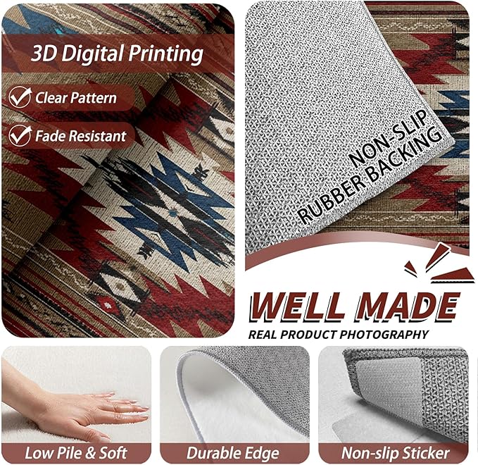 Navajo Large Rug - 7x9 Area Rug - Southwestern Tribal Ethnic Rustic Cabin Rugs for Living Room Non Slip Low Pile Machine Washable Dining Room Rugs, Navajo Carpet Home Decor & Gifts