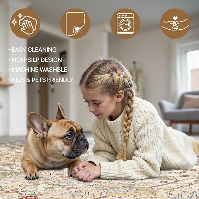 Bavni Runner Rug Non Slip for Bathroom Kitchen Hallway 2x5 Washable Runner Boho Bedsied Rugs Floor Runner for Entryway Laundry, Soft Low Pile Rugf, Ivory/Teal