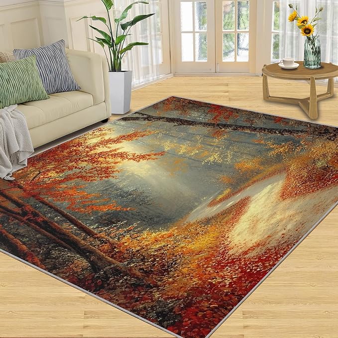 6x8 Autumn Forest Classroom Rugs - Natural Landscape Playroom Rug, Forest Path Carpet Area Rug for Girls Bedroom Kids Room Basement Office Classroom